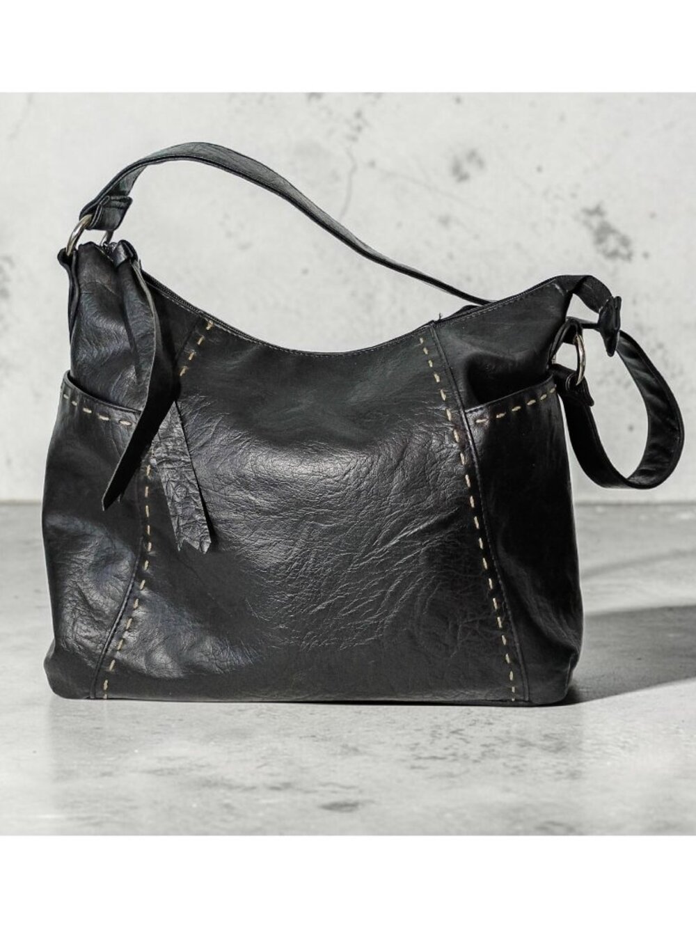 Textured Faux Leather Whip Stitch Shoulder Bag Purse Black Biker Goth Zip